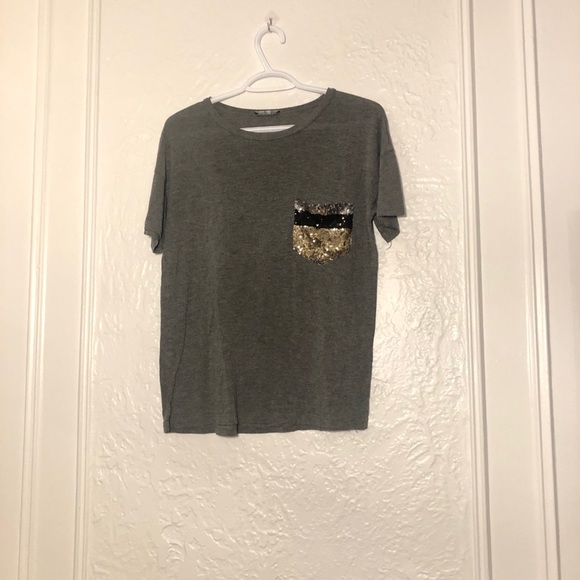 Zara Tops - Zara Gray Sequin Pocket T-Shirt